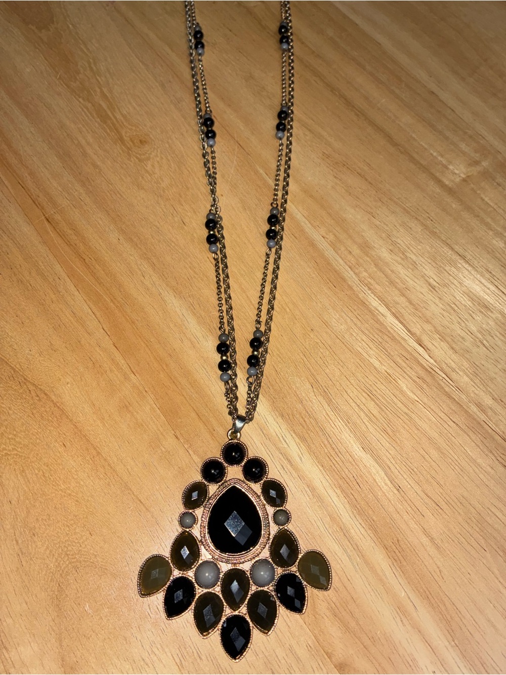 Vintage Boho Black & Grey Faceted Gemstone Pendant Necklace double chain gold